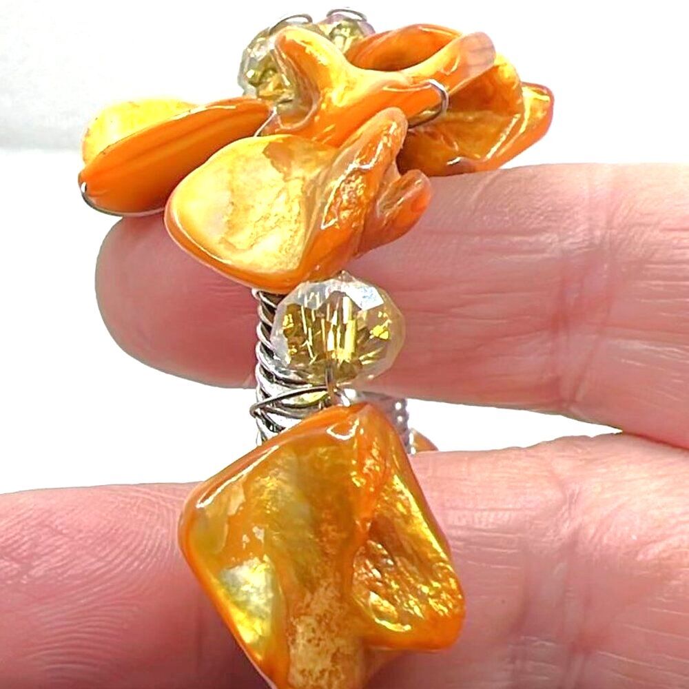 Vintage Abalone Cuff Bracelet With Yellow Dyed Shell Flower and Crystals - Picture 3 of 6